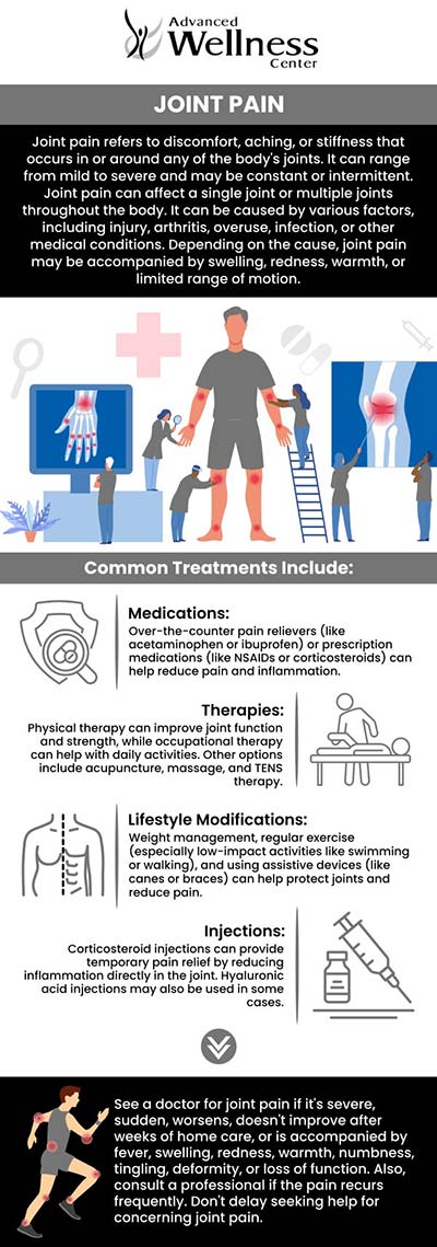Joint pain is a type of discomfort that affects one or more of your body's joints. Joint pain is prevalent and is commonly felt in the hands, feet, hips, knees, or spine. Joint pain may affect joint function and limit your ability to do basic work. Consult doctors at the Advanced Wellness Center if you've been experiencing joint pain. For more information, contact us today or schedule an appointment online. We serve patients from Woodridge, IL, and surrounding areas. Joint pain is a type of discomfort that affects one or more of your body's joints. Joint pain is prevalent and is commonly felt in the hands, feet, hips, knees, or spine. Joint pain may affect joint function and limit your ability to do basic work. Consult doctors at the Advanced Wellness Center if you've been experiencing joint pain. For more information, contact us today or schedule an appointment online. We serve patients from Woodridge, IL, and surrounding areas.